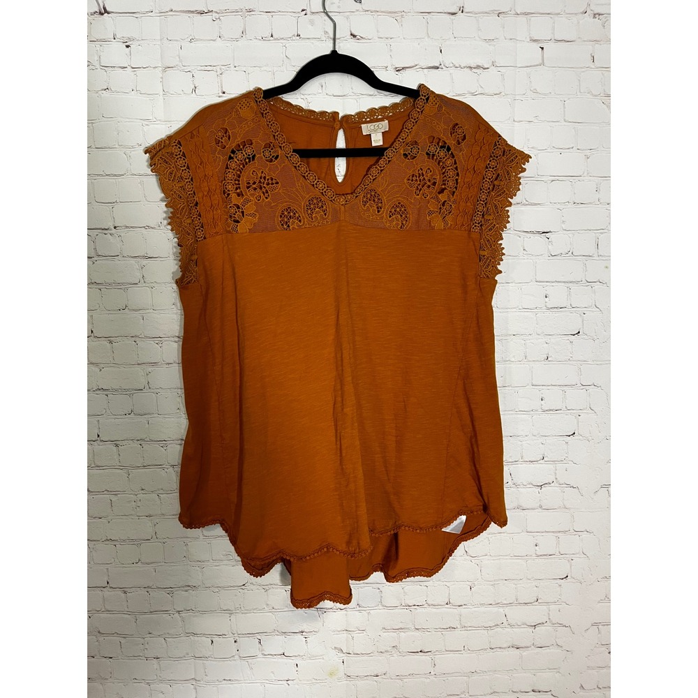 LOGO Lavish by Lori Goldstein Burnt Orange Crochet Lace Yoke Cotton Top Small